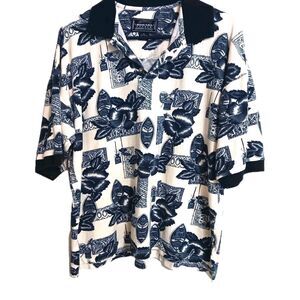 Vtg 90's Bogari Studio LX Blue Hawaiian Tribal Print Knit Polo Shirt Italy